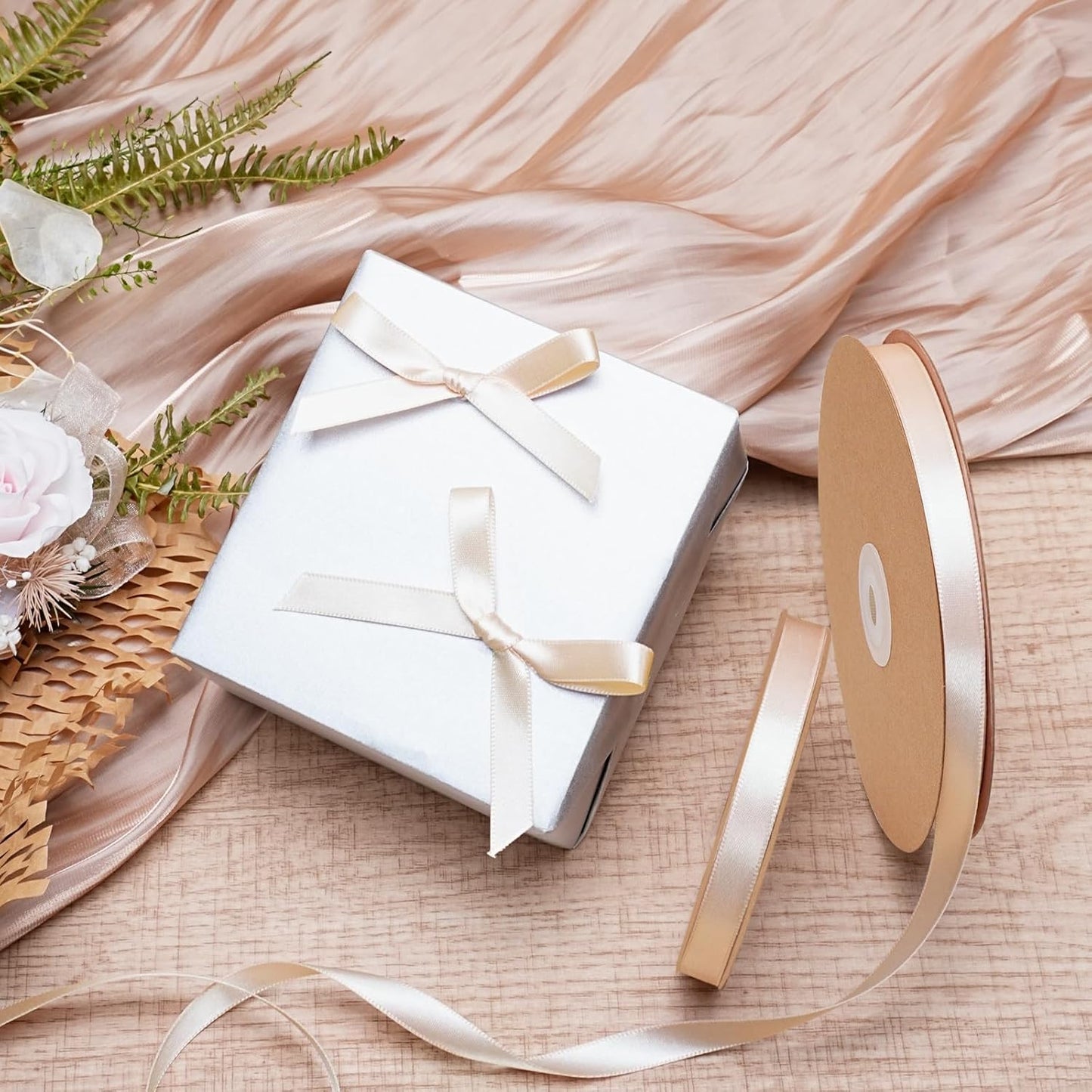 LaRibbons Nude Satin Ribbon 3/8 Inch 50 Yards Thin Luxury Double Faced Ivory Silk Ribbon for Flower Bouquet Crafts Gift Wrapping Wedding Bow Christmas Decoration