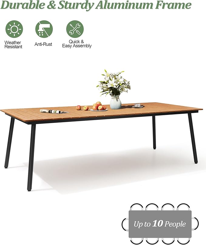 95" Patio Outdoor Dining Table for 8-10, Weather-Resistant Wood-Grain Top with Aluminum Frame & Umbrella Hole for Deck Gatherings, Brown
