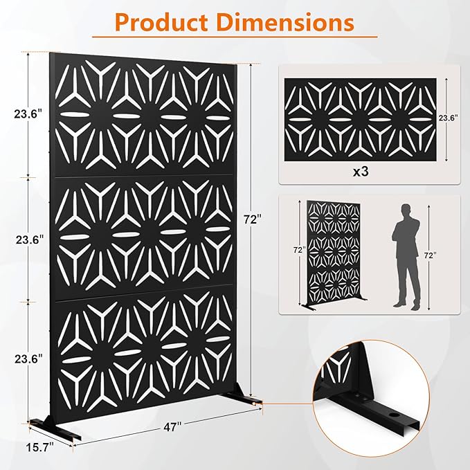 72" H×48" W Metal Privacy Screen, Outdoor Indoor Privacy Screens with Stand Panels, Free Standing Decorative Privacy Screen for Patio