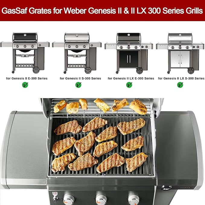 GasSaf 18.75" Grill Grates for Weber Genesis II/LX 300 Grills, Cast Iron Grates for Genesis II E/S 310 315 320 325 340, Replacemenet Parts for Weber 66095 66802 66805 (18.75"x13.25" Each), 2-Pack