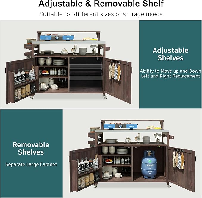 53.3" Outdoor Kitchen Island with Stainless Steel Top, Rolling Grill Cart with Adjustable Shelves, Raised Shelf, Lockable Wheels, Portable Outdoor Table and Bar Storage Cabinet for Patio