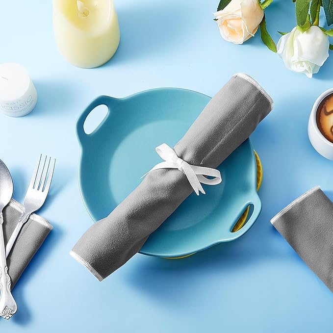 Hillban 12 Pcs Anti Tarnish Silver Storage Bags Silver Storage Cloth Felt Flatware Organizer Anti Tarnish Protector Bags Place Setting Roll with White Ribbon for Kitchen Cutlery (12 Slots,Grey)