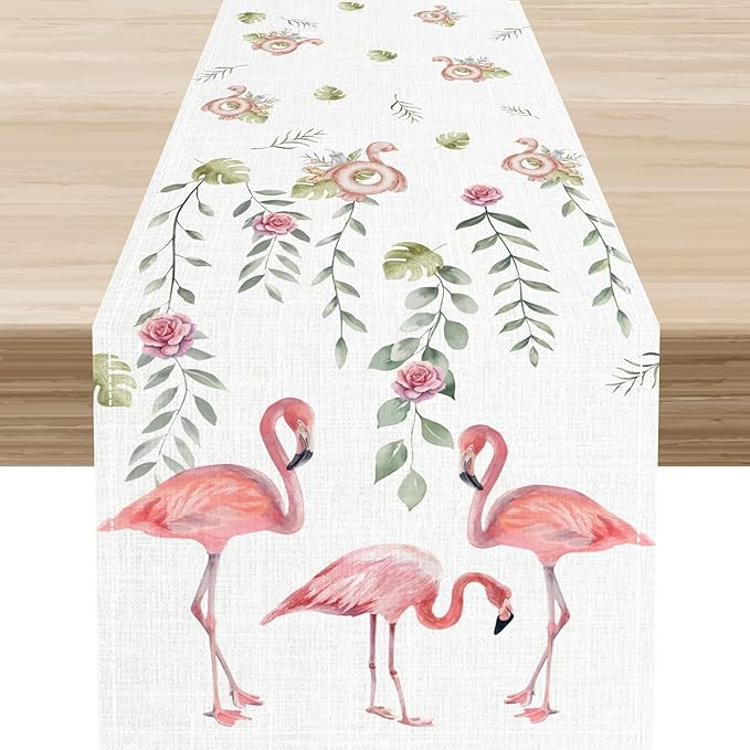 Flamingo Table Runner,Rustic Boho Grey Leaf Pink Rose Floral Tropical Bird Pattern Table Center Decor for Family Kitchen and Living Room Outdoor Farmhouse Party Table Decorations, 13"x90"
