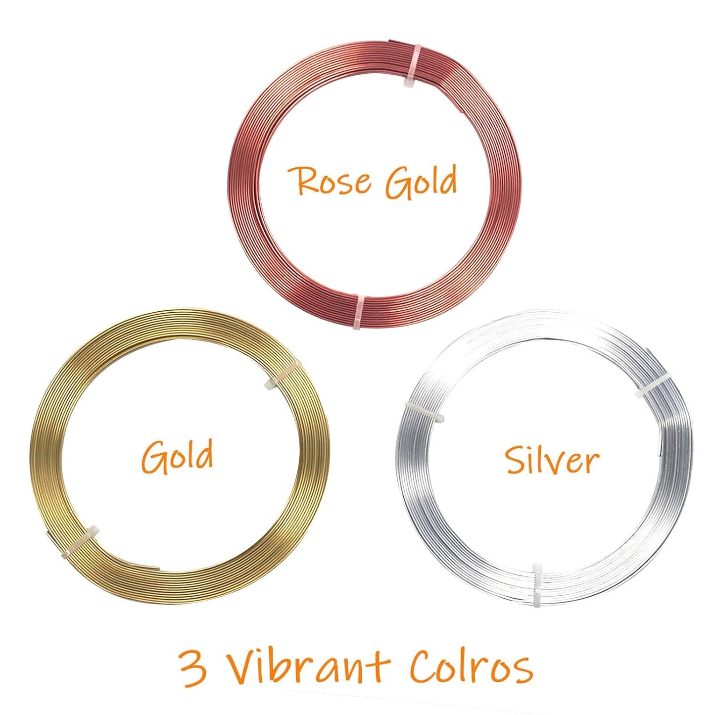 Cinvo 3 Rolls Flat Craft Wire Jewelry Wire Flexible Aluminum Wire Tarnish Resistant for Bezel Sculpting DIY Jewelry Craft Making (1mm Thickness, 3mm Width, Silver, Gold and Rose Gold)