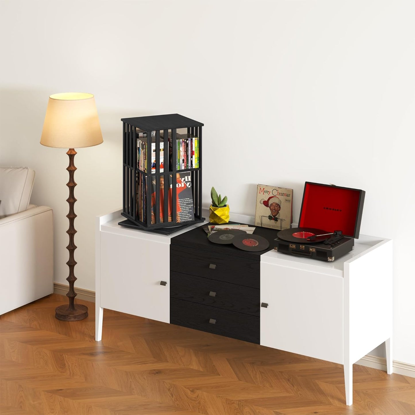 YOWOS Rotating Bookshelf Tower, 360 Display Spinning Bookcase, Bamboo Bookshelf Floor Standing Storage Rack, Wood Narrow Book Shelf Organizer for Kids&Adults (Black, 2 Tier)