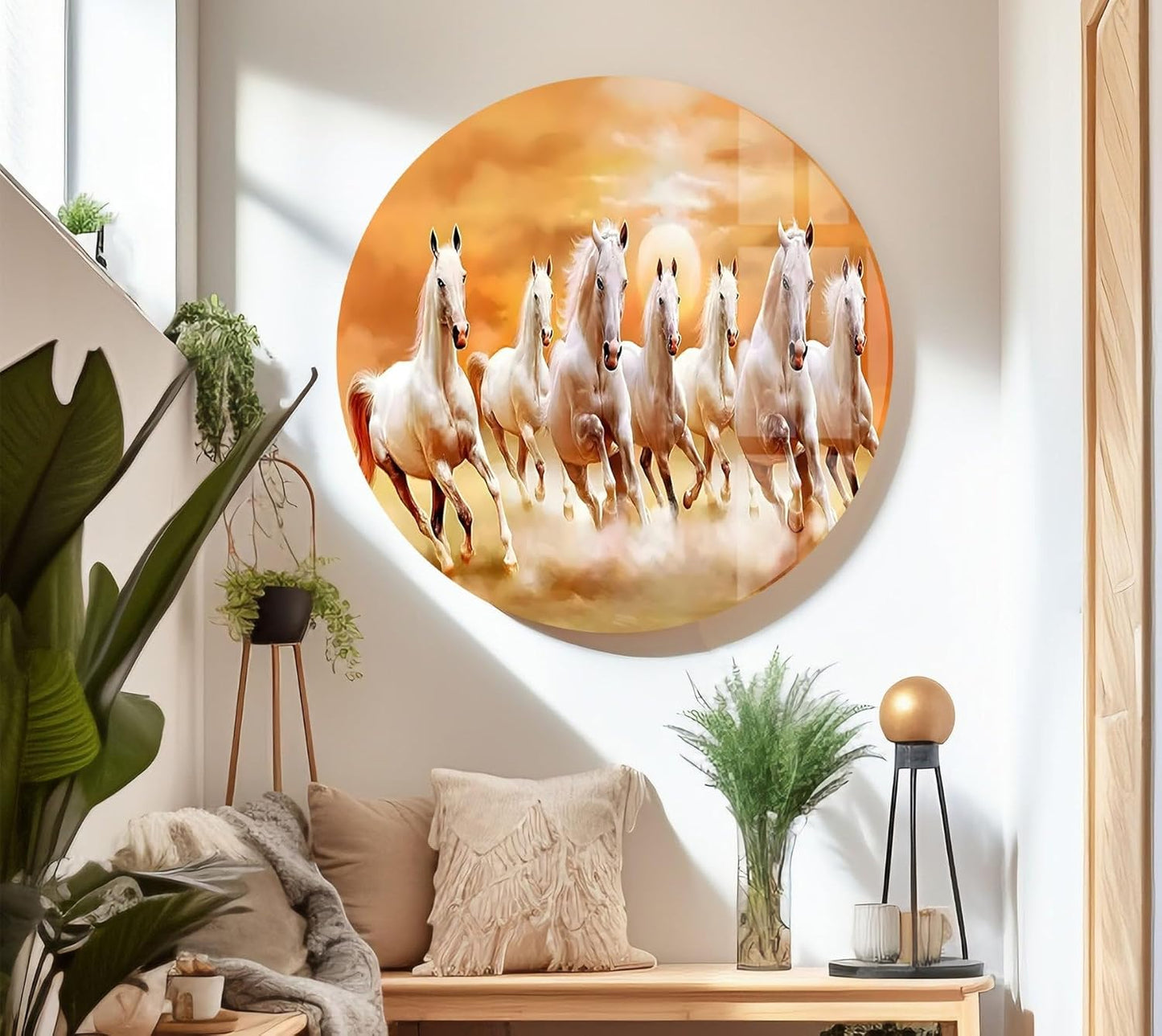 My Photostation.com 35.5Wx30H'' White Horses Running on Sunset Glass Wall ArtTempered Glass Printing Wall Decor Large Wall Art Wall Hangings