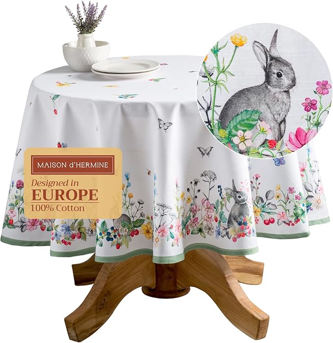Maison d' Hermine Table Cloth Round Table 100% Cotton 69 Inches Tablecloth Reusable Decorative Everyday Use for Dining Room, Farmhouse, Home, Party, Festive & Wedding Spring Summer - Printemps