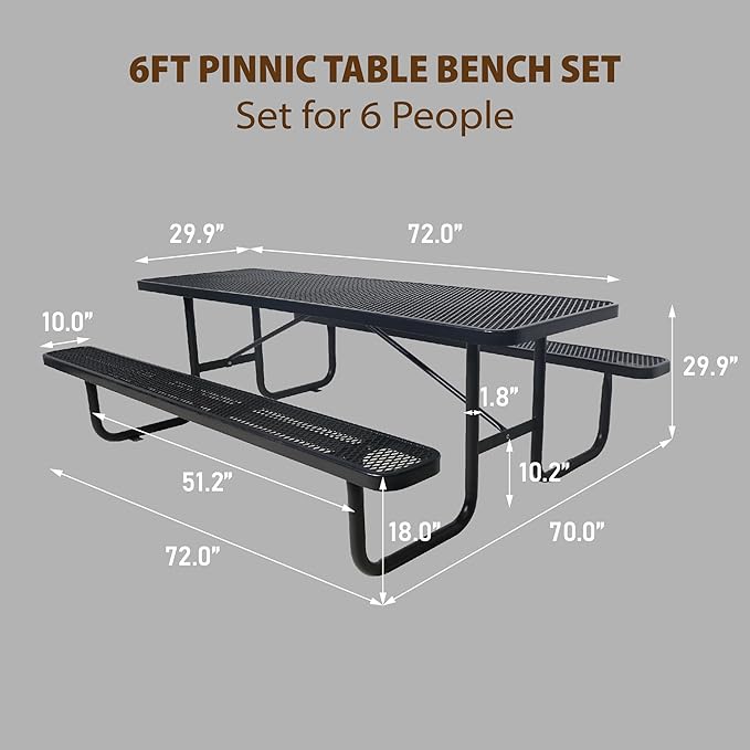 6FT Rectangular Metal Picnic Table for Outdoors, Commercial Steel Metal Picnic Tables, Heavy Duty Sturdy Picnic Tables Furniture Set for Patio Garden Courtyard BBQ, with Umbrella Hole, Black