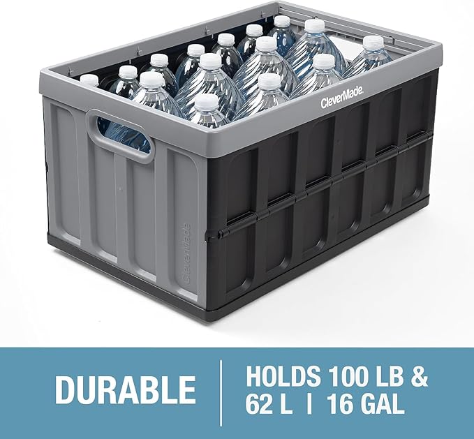 CleverMade Collapsible Storage Bins with Lids - Stone 3 Pack 62L - Plastic Containers Stackable Organization Crates Home Closet Space-Saving Durable