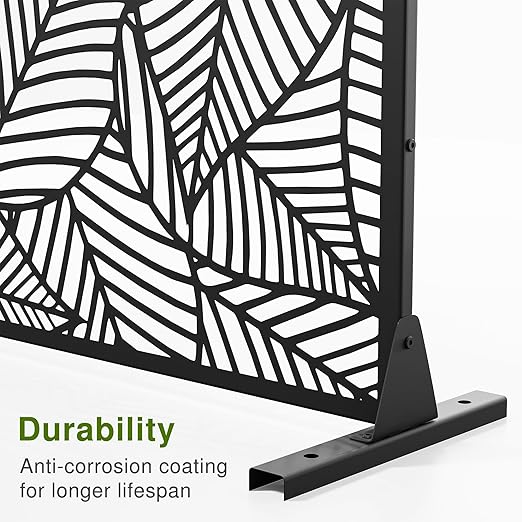 Casaphoria 72" H x 47" W Metal Outdoor Privacy Screen, Freestanding Decorative Divider for Patio, Deck, Balcony, and Garden with Stable Base, Black Bamboo Leaves