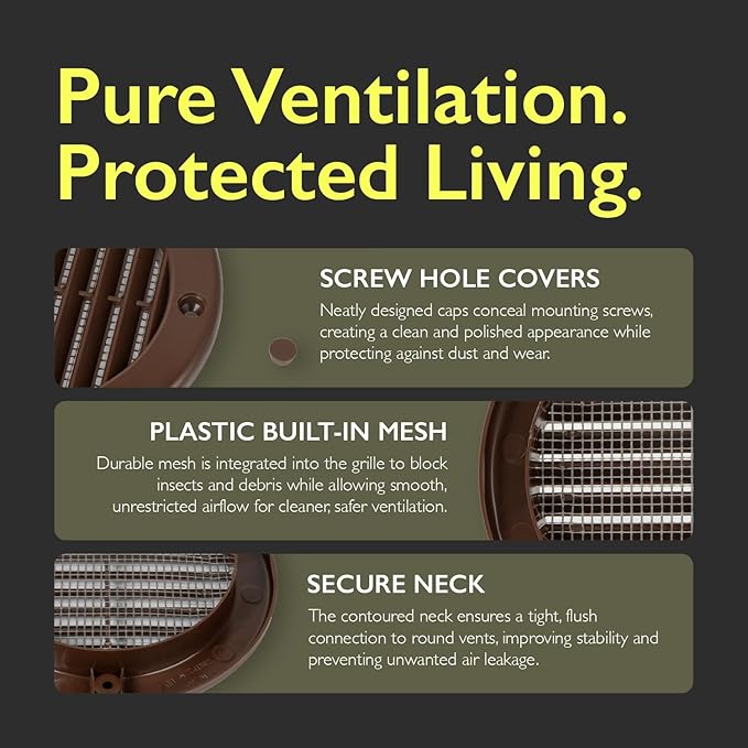 4 Inch [Opening] Brown Air Vent Cover – Pack of 10 – Plastic Round Air Vent Grill Cover for Wall or Ceiling, Built-in Mesh Screen/HVAC Return Air Register – Modern Louvered Design
