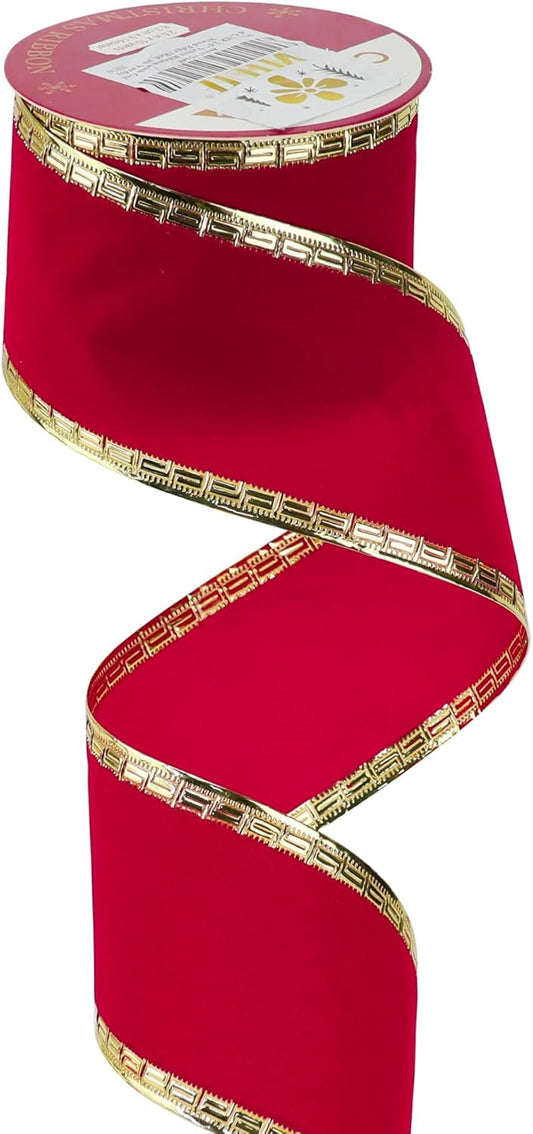 MEEDEE Red Velvet Ribbon 2.5 Inch With Gold Greek Key Edge - 10 Yards Wired Christmas Ribbon for Tree Decoration, Topper Bow, Garland