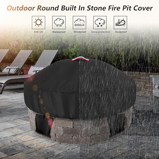 Outdoor Round Built in Stone Fire Pit Cover,Heavy Duty 600D Waterproof Cover for 50In-57In Fire Pit with Spark Screen,All-Weather Protection Round Fire Pit Cover for In Ground Brick Fire Pit,Black