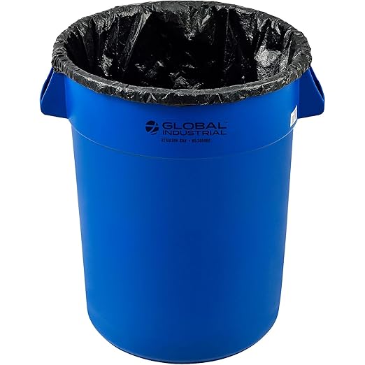 Global Industrial Commercial Round Trash Can, 32 Gallon Capacity, Plastic Garbage Can, Indoor and Outdoor Utility Trash Can, Blue, 21-3/4"W x 27-1/2"H, No Lid