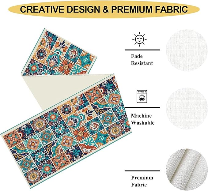 Mexican Table Runner, Blue Rustic Mexico Talavera Ceramic Hand Painted Tiles Cinco De Mayo Coffee Table Center Decor for Family Kitchen and Dining Patio Indoor Outdoor Table Decorations, 13" X 108"