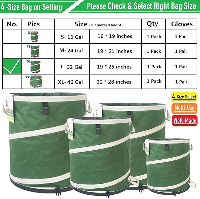 32-Gallon Collapsible Trash Can (19x25 in) Hard-Shell Bottom Leaf Bag,Yard Waste Bag,Garden Debris Container,Pop-Up Recycling Bin,RV Camping Waste Bin,Laundry Hamper,Lawn Grass Clippings,Weeds Basket