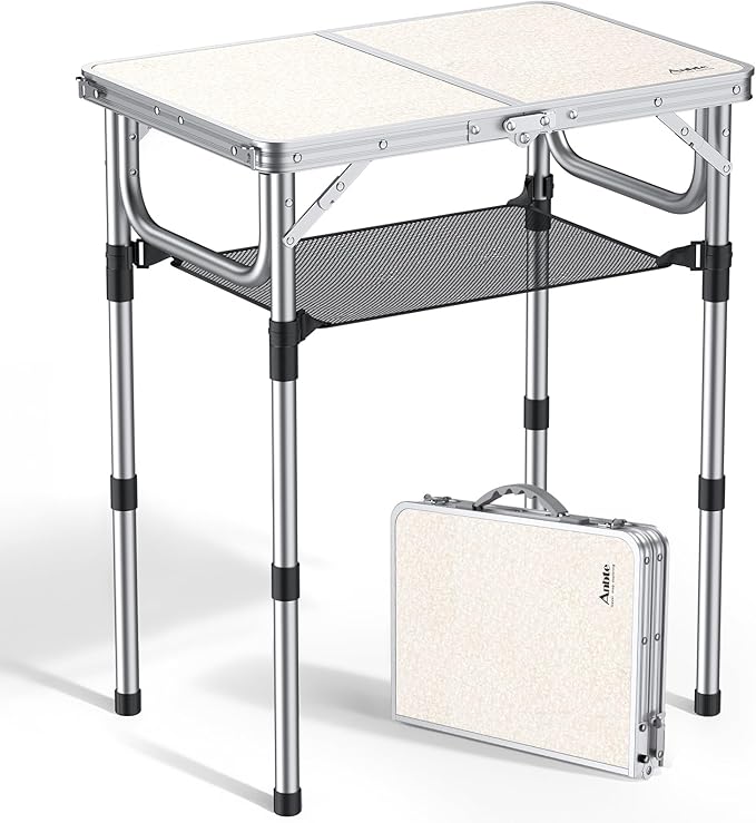 Anbte Folding Camping Table, Aluminum 24" x 16" Adjustable Height Small Folding Table with Carrying Handle, Lightweight, Portable Camping Table Waterproof for Outdoor Indoor Picnic Beach BBQ, Silver