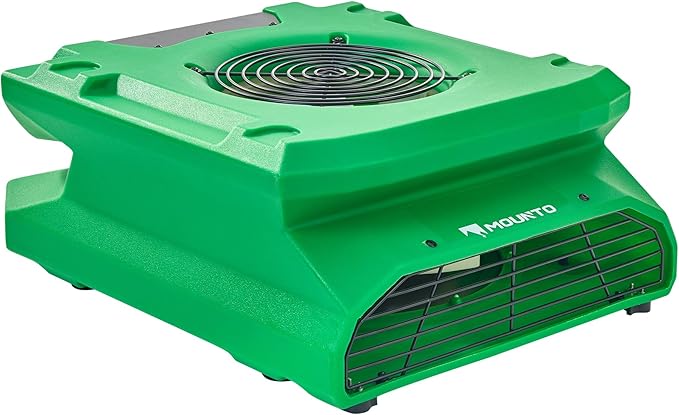 MOUNTO 1/4 HP 1200 CFM Low Profile Air Mover, 2-Speed Carpet Dryer Floor Fan with Dual GFCI Outlets, Stackable Lightweight Blower for Water Damage Restoration (Green)