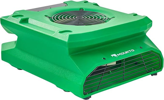 MOUNTO 1/4 HP 1200 CFM Low Profile Air Mover, 2-Speed Carpet Dryer Floor Fan with Dual GFCI Outlets, Stackable Lightweight Blower for Water Damage Restoration (Green)