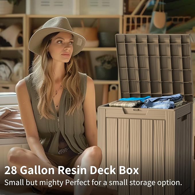 Two 28 Gallon Outdoor Storage Box, Resin Deck Boxes Waterproof, Indoor Outdoor Bin for Package Delivery, Patio Cushions, Gardening Tools, Lockable, UV Resistant