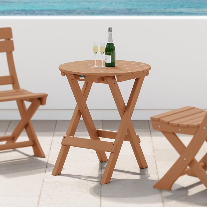 Costaelm Paradise HDPE Outdoor 24.5 Inch Round Portable Folding Patio Dining Table, Teak