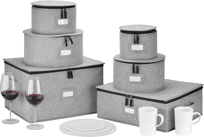 6pcs Hard Shell China Storage Containers for Cups and Mugs, Wine Glasses and Plates - Heavy Duty Dinnerware Storage