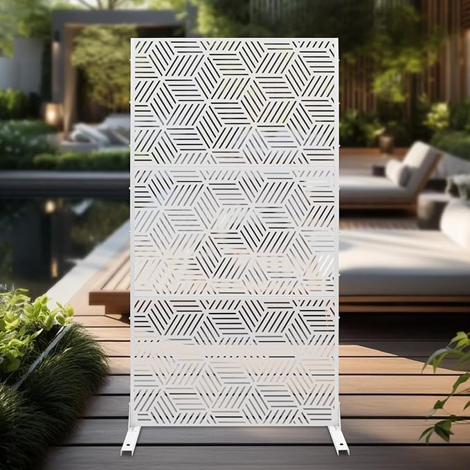 Outdoor Privacy Screen Freestanding, 36" W x 71.5" H Outdoor Decorative Screen Backyard Privacy Fence for Patio Garden Balcony Porch, White Rhombic Panels