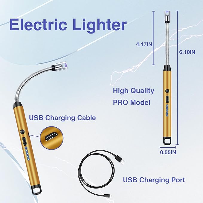 2 PCS Candle Lighter, Lighters for Candle Arc Windproof Flameless with 360° Flexible Neck & LED Power Display, Electric Lighter for BBQ, Grill, Camping, Fireplace, Stove(Gold)