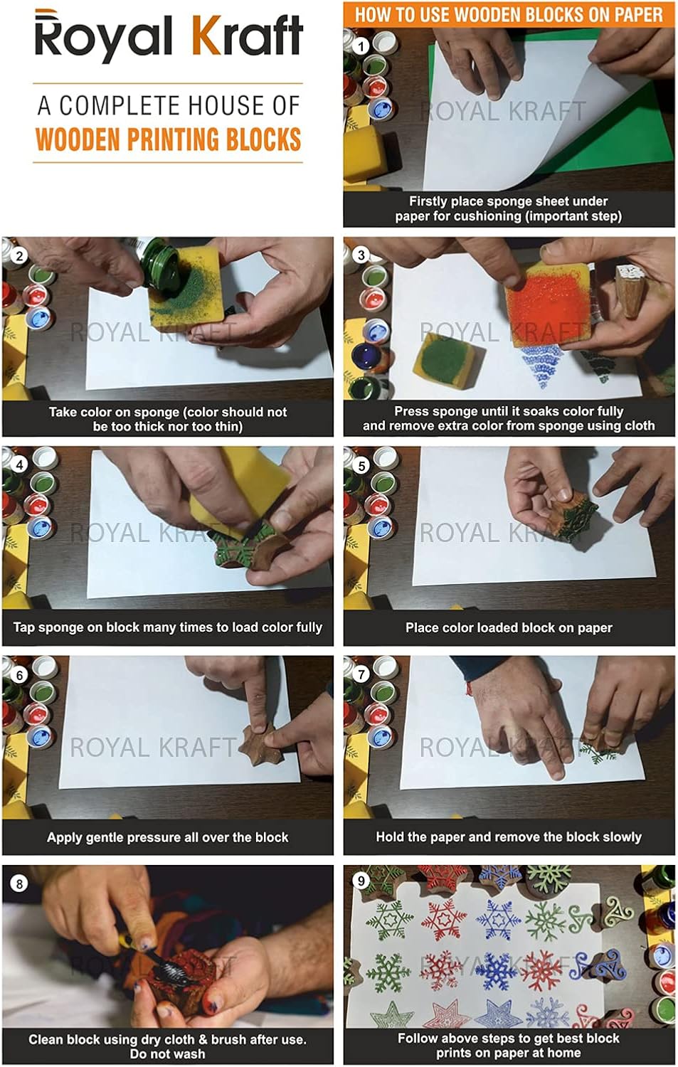 Royal Kraft Wooden Stamps for Block Printing on Saree Border, Textile, Clay, Pottery, Tattoo (Set of 10) MXtag0008