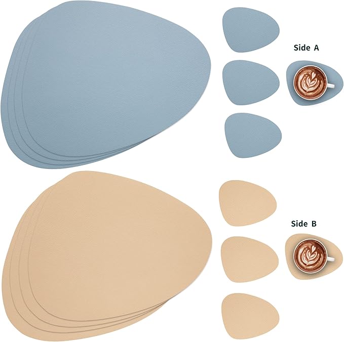 Myir JUN Placemats, Dual-Sided Placemats Waterproof Faux Leather Placemats Set of 6 Place Mats and Coasters Non-Slip Washable Table Mats for Dining Table (Camel Yellow Light Blue, Set of 6)