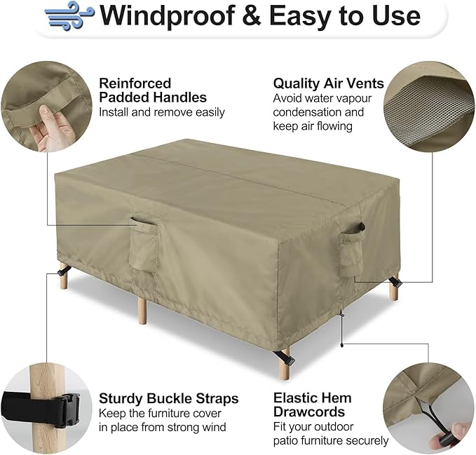 OutdoorLines Outdoor Waterproof Patio Table Furniture Set Covers - Rectangle Couch Sectional Cover Outside Weatherproof Patio Furniture Covering for Deck, Lawn and Backyard 74"L x 47"W x 28"H, Camel