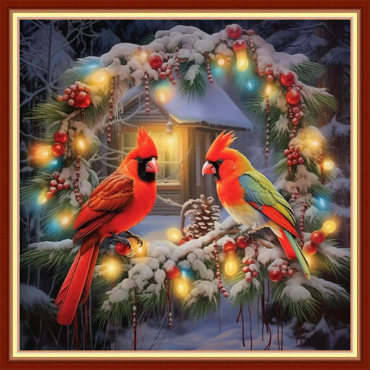 Disxvivy Cross Stitch Stamped Full Embroidery Kits DIY 11CT Cotton Thread Printed DIY Needlepoint Kits Craft Needlework Set Cross-Stitch Stamped Sets-Flower Wreath Bird 18x18 inch