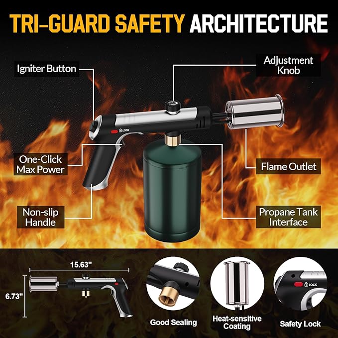 Siasky Propane Torch with One-Click Max Fire, Flame Thrower Gun Charcoal Lighter with a Safety Lock, Kitchen Blow Torch for Cooking, BBQ, Sous Vide, Grill (Tank Not Included)