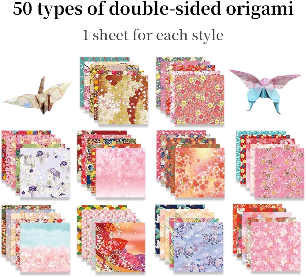 Square Origami Paper 6x6 Double Sided 50 Sheets 50 Colors 70GSM Origami Kit Japanese Chiyo Easy Fold Arts Crafts DIY Handwork Beginner Oriental Cherry