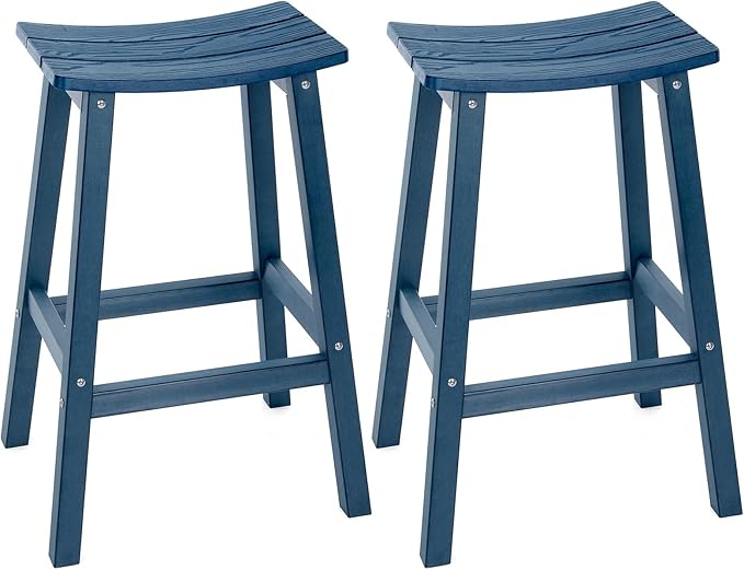 Weatherproof Bar Stools Set of 2, 28" Height Outdoor Bar Stools Holds up to 400 lbs, Saddle Seat, Bar Height Stools for Patio, Garden, and Kitchen Island, Blue