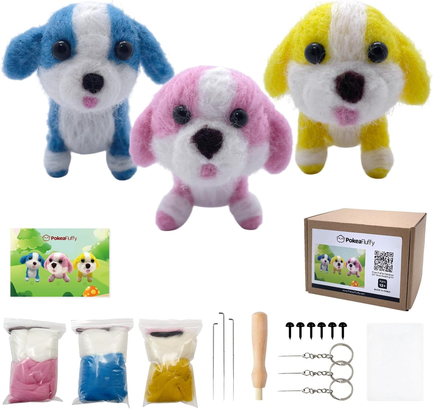 Needle Felting Kit, 3 Pcs Dog Wool Needle Felting Kit for Beginners & Adult, Animal Doll Making Set with Video Instruction, Craft Party Supplies, Tools & Foam Pad, DIY Home Decor, Birthday Gift
