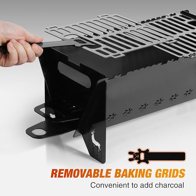 Lineslife 16 Inch Portable Camping Campfire Grill, Heavy Duty Charcoal BBQ Grill FirePit Grills with Stainless Steel Cooking Grate and Carry Bag for Outdoor Camping Backyard Party Cooking