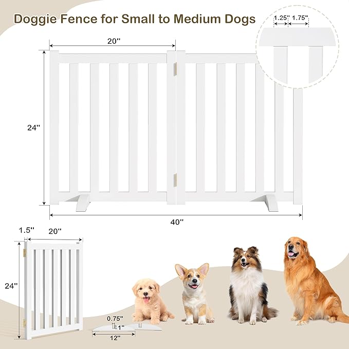 24" Height Tall Freestanding Pet Gate, Solid Wood Folding Safety Fence Wooden Dog Gate with 2 PCs Support Feet Ideal for Stairs, Doorways, Halls, Kitchens, Heavy Duty Gates, 2 Panels, White