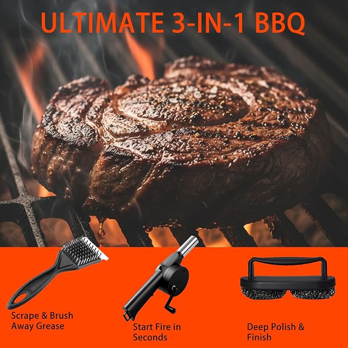 3Pcs Grill Brush for Outdoor Grill Set, Heavy Duty Stainless Steel Grill Scraper & Scrubber, Hand Crank Fan for Cast Iron and Stainless Steel Grates, Outdoor Camping BBQ Cleaning Accessories