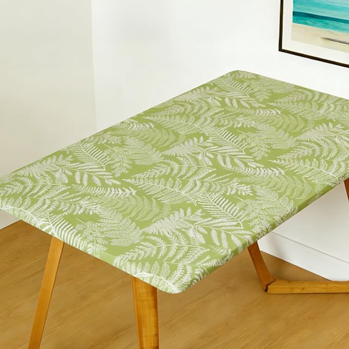 Rectangle Picnic Table Cloth, Elastic Waterproof Fitted Vinyl Tablecloths for 8 Foot Tables, Wipeable Flannel Backed Table Covers for Dining, Camping, Outdoor(Green Leaves,36"x96")