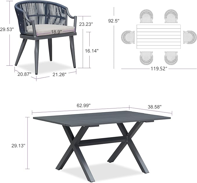 PURPLE LEAF Outdoor Dining Set for 6 with Storage Box All Weather Wicker Patio Dining Set with Rectangular Aluminum Table and Modern Armrest Dining Chairs for Garden Deck Backyard Kitchen, Grey