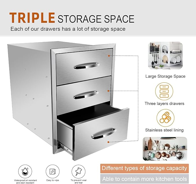 Pull Out Trash Drawer, Lower Sliding Rails Stainless Steel Roll Out Trash Bin Pull Out Tray With Handle For Outdoor Kitchen BBQ Island Grill Station,Three Drawers