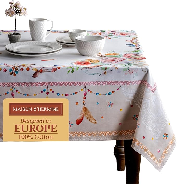 Maison d' Hermine Table Cloth Square Table 100% Cotton 54 x 54 Inches Tablecloth Reusable Decorative for Dining Room, Farmhouse, Home, Party, Festive & Wedding Spring Summer - Ibiza - Beige