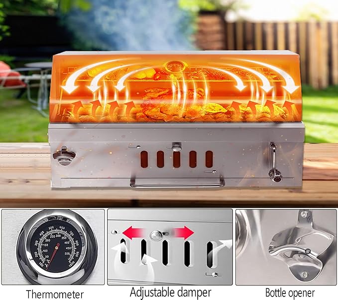 Large Charcoal BBQ Grills, Built in Barbecue Grill with Liftable Tray, Insulated Hood & Temp Gauge, Silver Stainless Steel BBQ Barrel Grill for Outdoor Kitchen Cooking Family Parties Patio Park Style