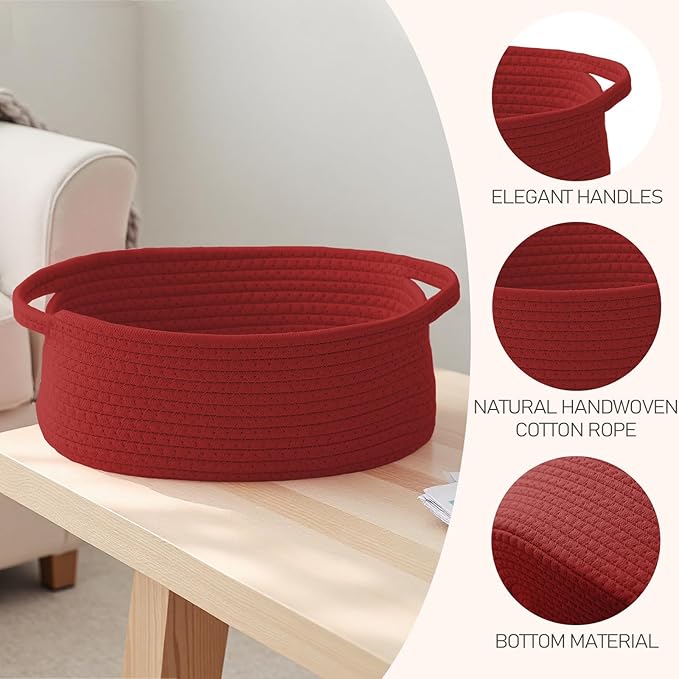 Woven Basket,Small Rope Storage Bin with Handles & Ribbon Bag, Organizer for Shelves Closets,Gift Basket Empty for Birthday,Books,Dog Toys, Red