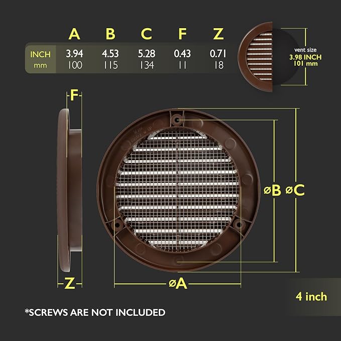 4 Inch [Opening] Brown Air Vent Cover – Pack of 10 – Plastic Round Air Vent Grill Cover for Wall or Ceiling, Built-in Mesh Screen/HVAC Return Air Register – Modern Louvered Design