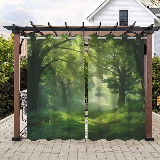 Forest Theme Outdoor Curtains for Patio Waterproof,Dawn Trees Jungle Pattern,Privacy Weatherproof Grommet Outside Curtains for Porch, Pergola, Cabana,Set of 2 Panels,42 x 84 inch,Green