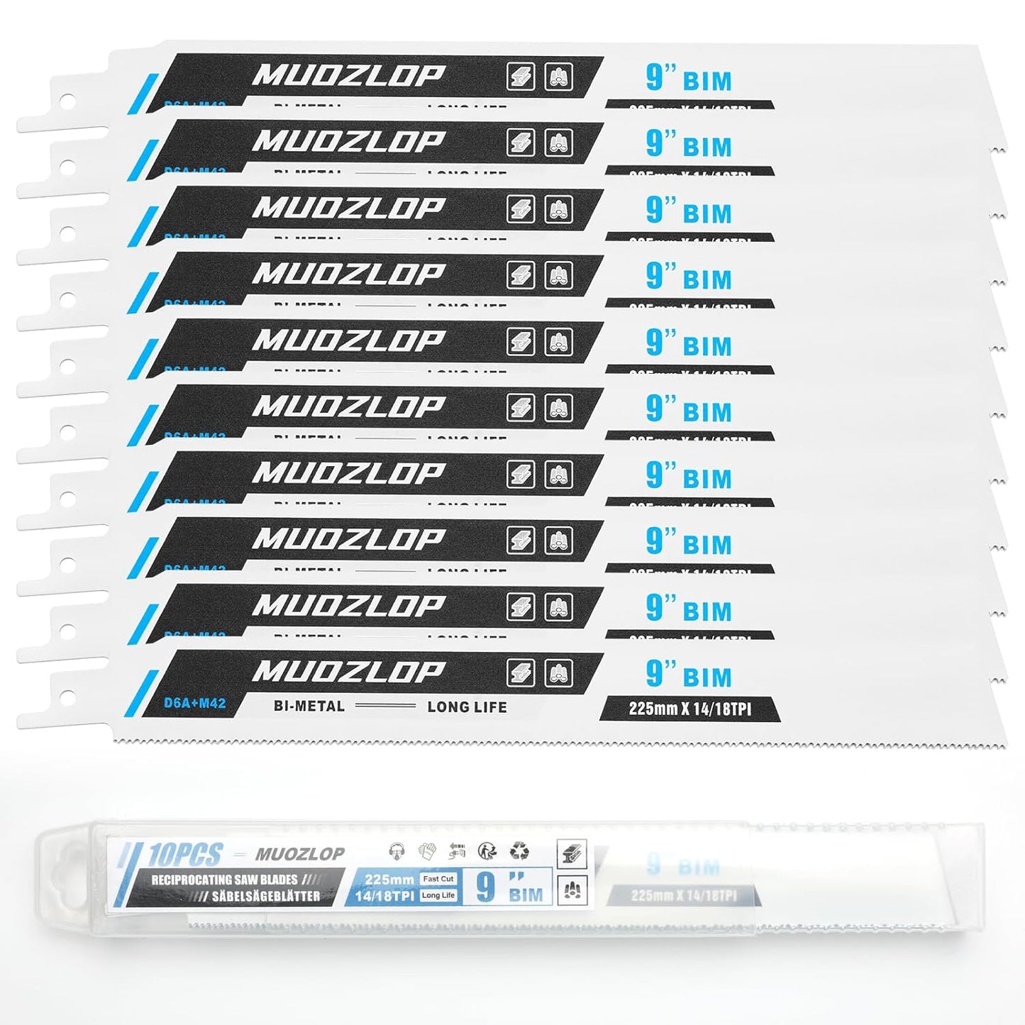 10 Pack 9 inch Reciprocating Saw Blades Set,14/18TPI High Carbon Saw Blades, Metal Saw Blades with Organizer Case (10, 14/18TPI/225mm)