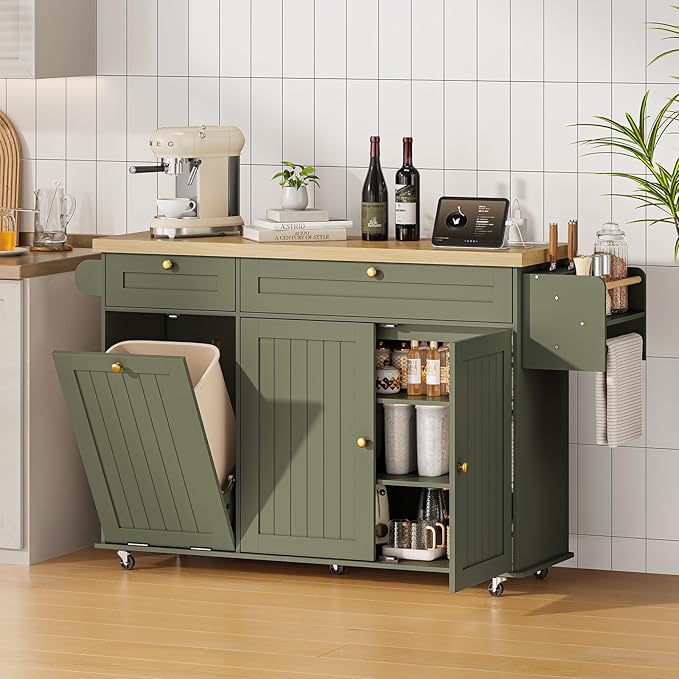 60" Kitchen Island with Power Outlet & Drop Leaf, Kitchen Rolling Island with Spice Rack & Towel Rack, Knife Holder, Kitchen Island Cart with Trash Storage Cabinet, Mobile Island Table for Kitchen