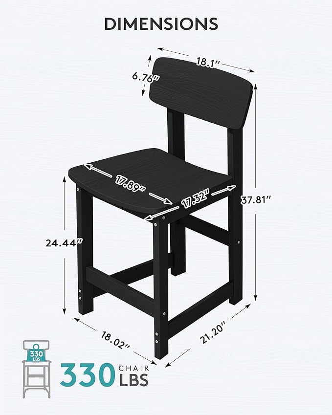 SERWALL Outdoor Bar Stools Set of 2, All Weather HDPE 25" Counter Height Bar Stools with Back, Outdoor Armless Barstools for Patio, Garden, Backyard, Balcony, Poolside, Black